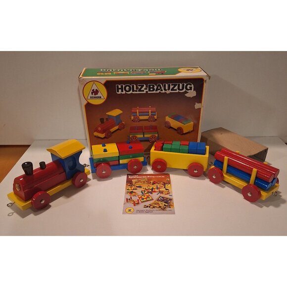 Complete Vintage Eichhorn Holz-Bauzug Wooden Train Set Age2+ Original Box Blocks - Picture 1 of 12